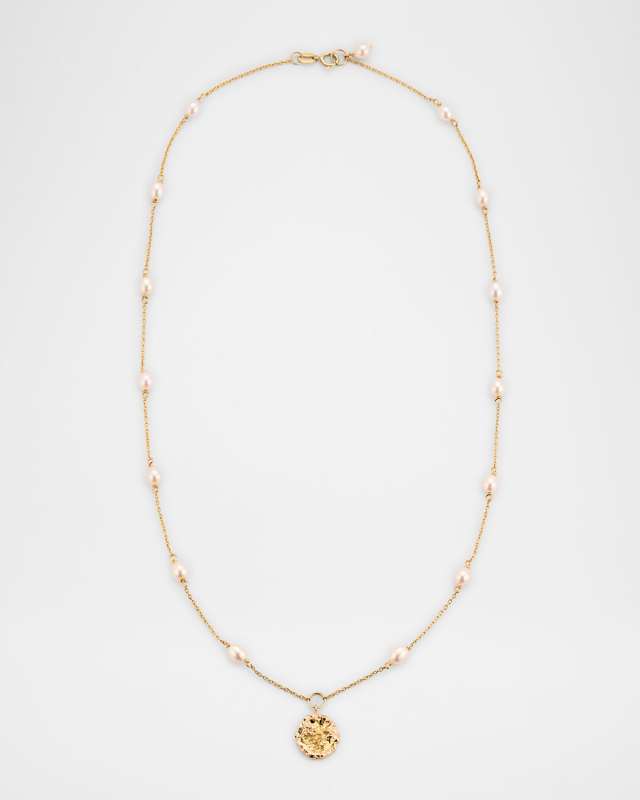 14K Yellow Gold Nugget Pearl Station Necklace